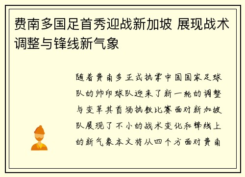 费南多国足首秀迎战新加坡 展现战术调整与锋线新气象